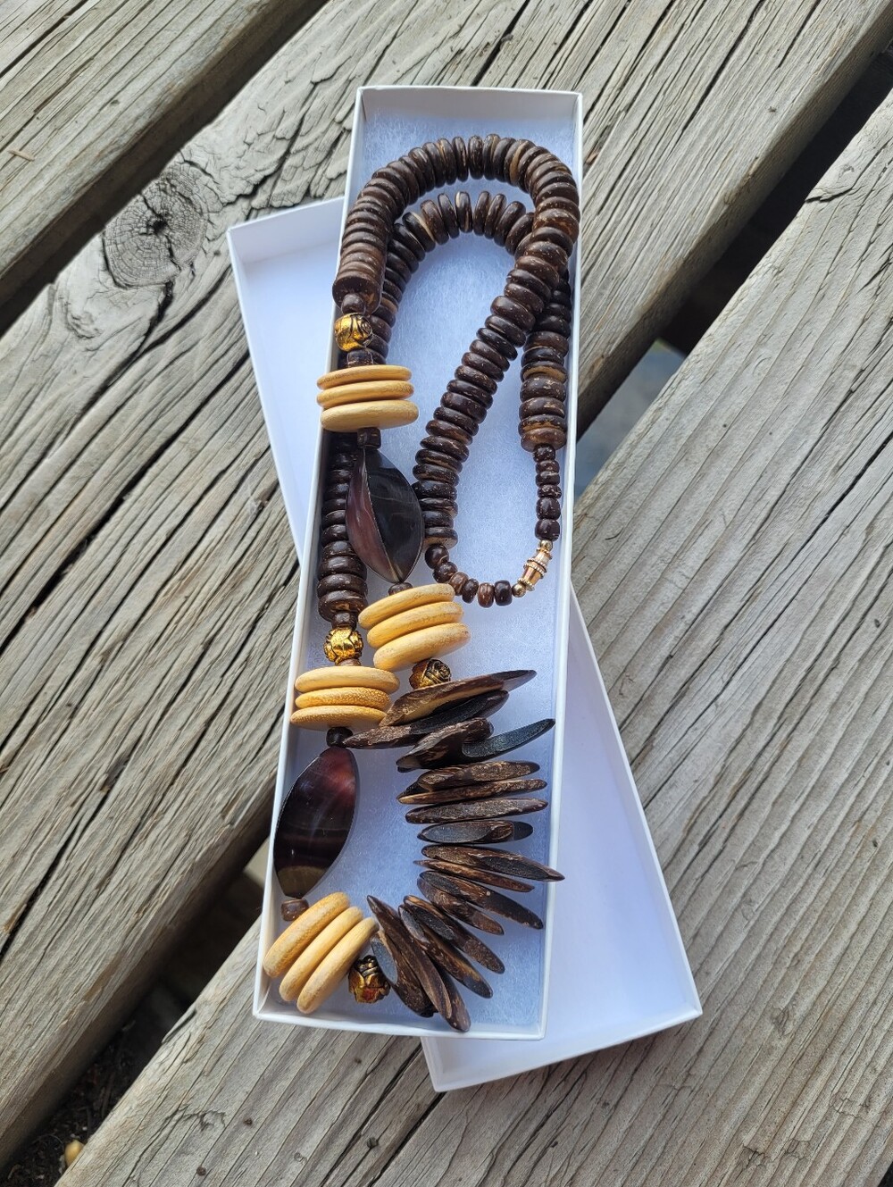 Hand Crafted Boho Chunky Stacked Wood Bead Necklace, Earthy Brown